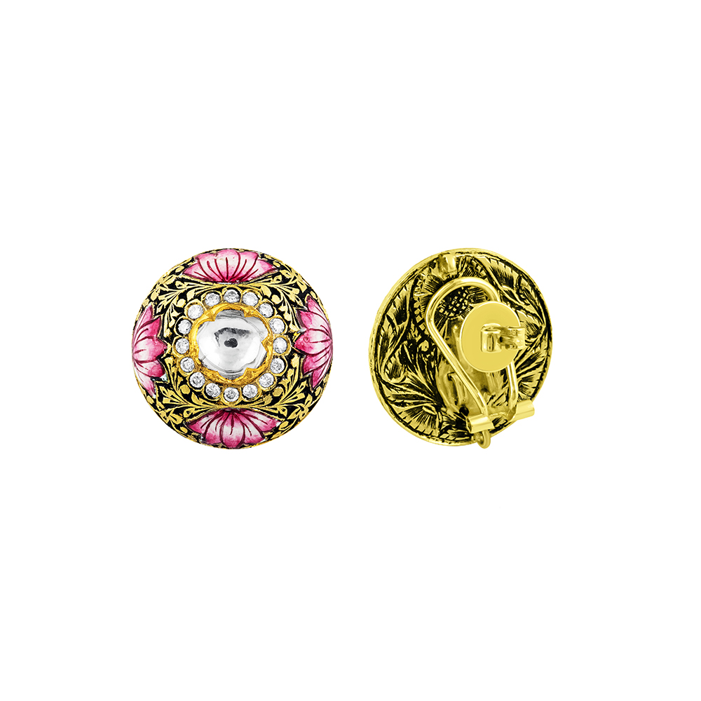 Partash Studs with Polki, Full-Cut Diamonds, and Lotus Enamel